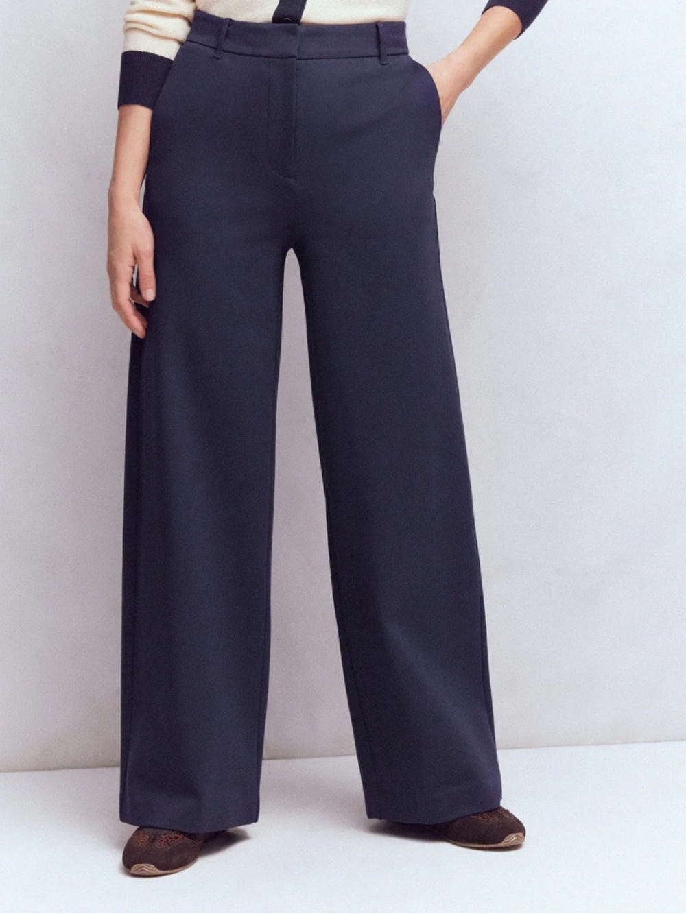 Boden Belgravia Ponte Trousers Navy Blue Wide Leg Pant Flare Pockets sz 2 Petite